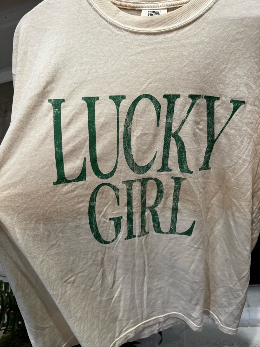Comfort Colors 'Lucky Girl' Short Sleeve Tee in Cream with Green Print - Picture 2 of 4